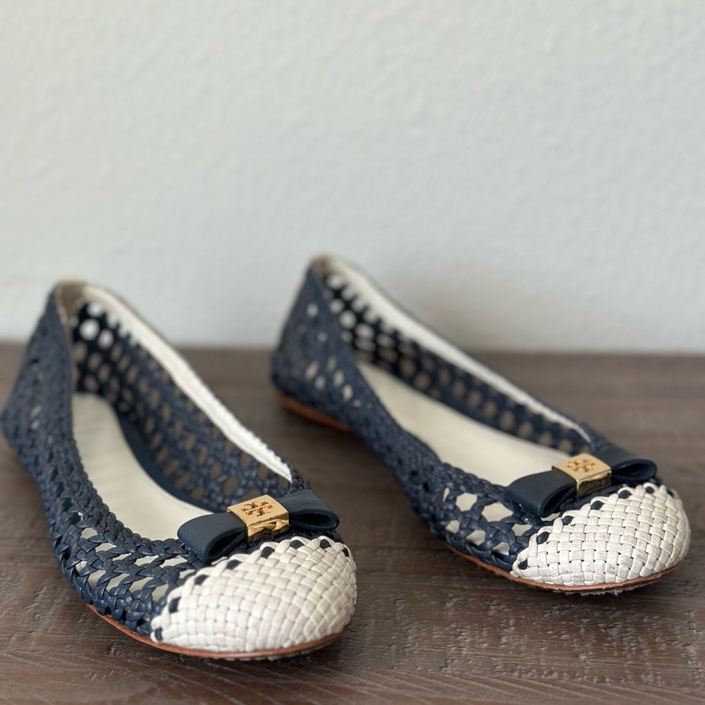 Tory Burch Navy and White Woven Ballet Flats